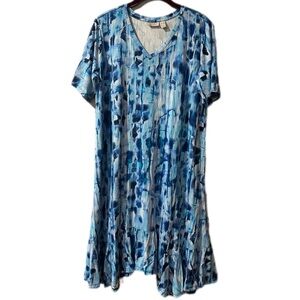 LOGO Lori Goldstein Blue Abstract Midi Length V-Neck T-Shirt Dress with Pockets